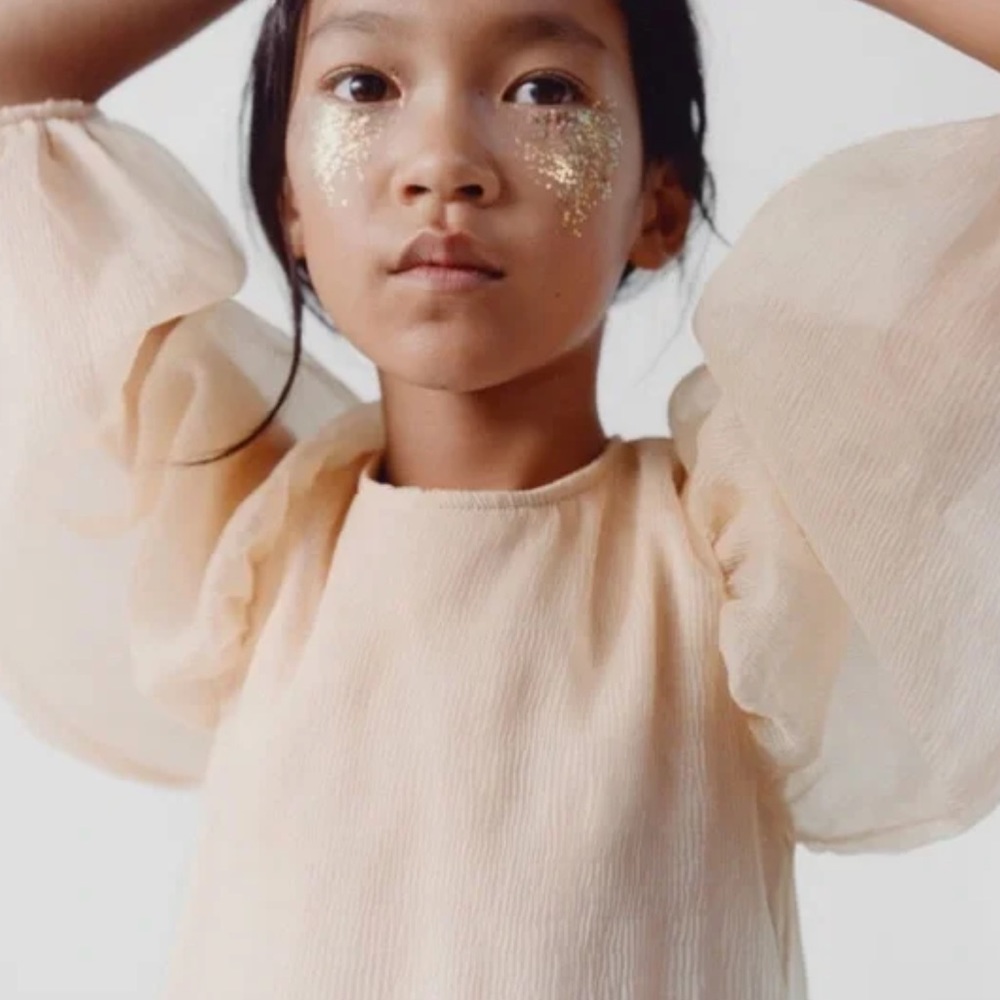 Zara Kids Blush Pink Organza Blouse size 8, W/ Puff Sleeves, Long Sleeve,